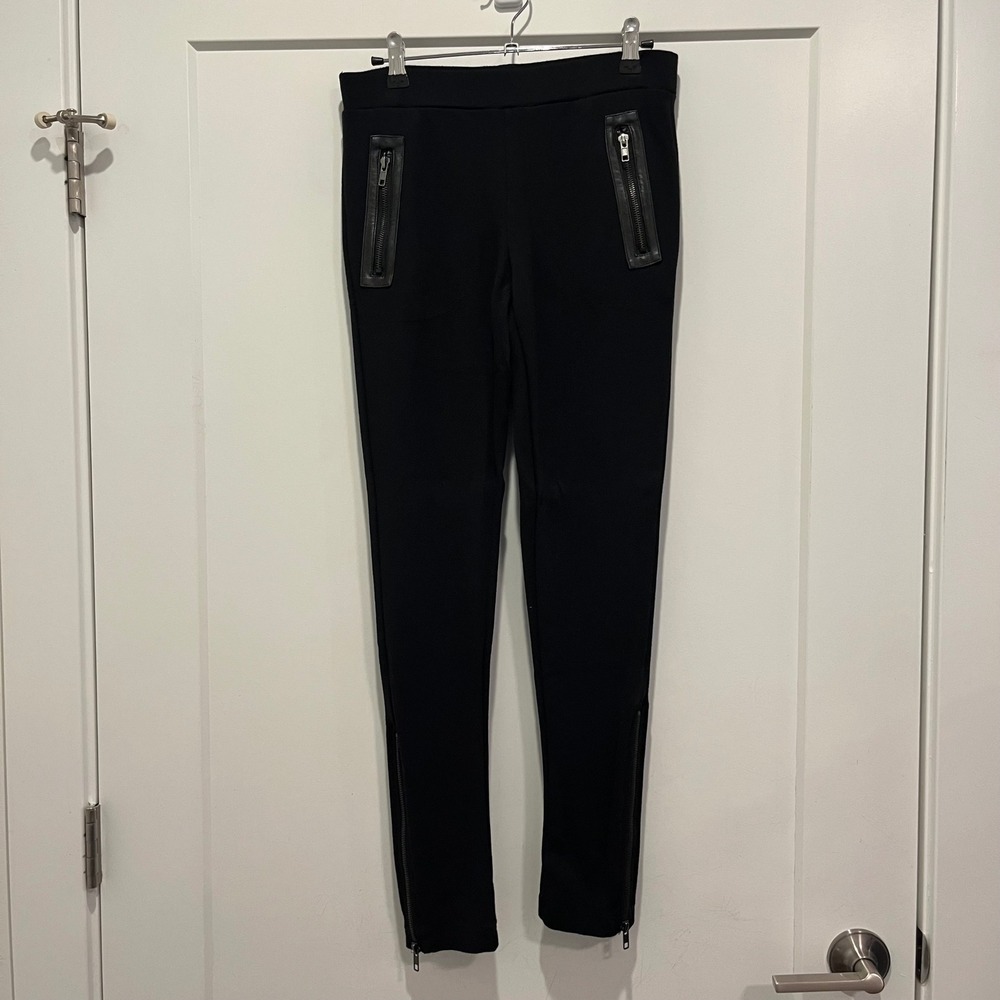 Aqua Black Ponte Knit Skinny Pants Faux Leather Trim Ankle Zip Small